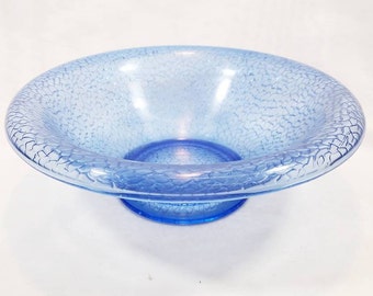 Vintage 1970s Cracked Ice Azure Blue Blown Art Glass Bowl