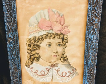 c1875 Lithographie Little Emma encadrée dans un fabuleux cadre bleu floral pressé Haskell & Allen
