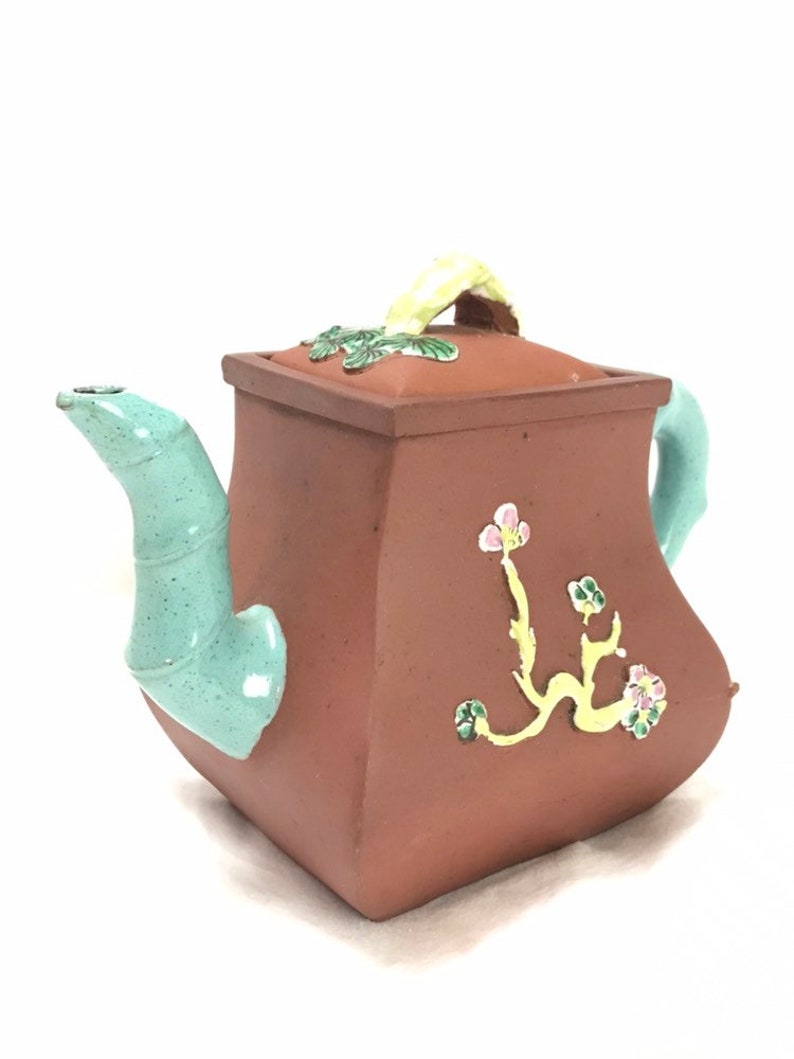 Antique Chinese Zisha Clay Teapot With Lid Raised Enamel Prunus Tree and Branches Impressed Mark Robins Egg Blue Spout and Handle Ref 20558
