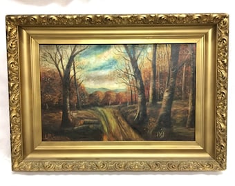 19thC Victorian "Fall Logging Road" Oil Painting Ornate Gesso Frame 19x12 Hosmer 1800s Great Frame