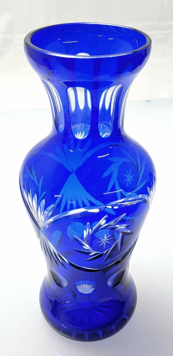 Mid Century Cobalt Blue Cut to Clear Czech Bohemian Cased Glass Crystal Center Accent Vase ref il 570xN mi4d