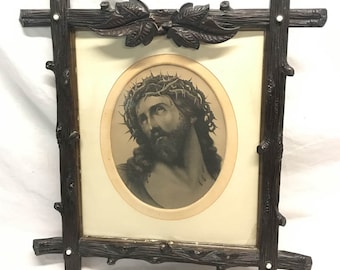 Framed Picture of Jesus with Crowns of Thorns | Art & Crafts Style | Porcelain Accents | Antique | Wall Decor | Carved Wood
