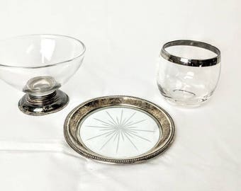 3-Piece Set Vintage 1800's Frank M Whiting Sterling Silver and Glass Coaster Saucer, Silver Rimmed DOF Glass and Silver-Footed Dessert Bowl