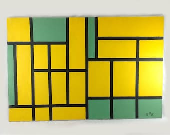 VTG Mid Century Modern Yellow Green Geometric Abstract Stacked Boxes Bricks Original Signed &quot;RMK&quot; Acrylic Painting On Canvas