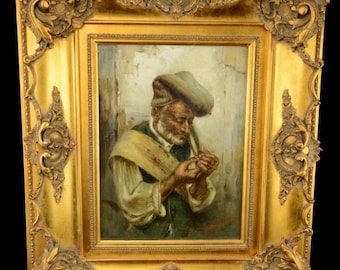 Donatus Buongiorno (American 1865-?) Man in Turban Smoking Pipe Oil on Canvas Ornately Framed Painting