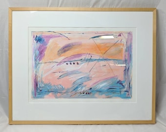 Vintage Original B. Fraser Artist Mixed Media “Catalina” Abstract Framed Matted Peach Turquoise Mauve 35”X 27.5” Painting