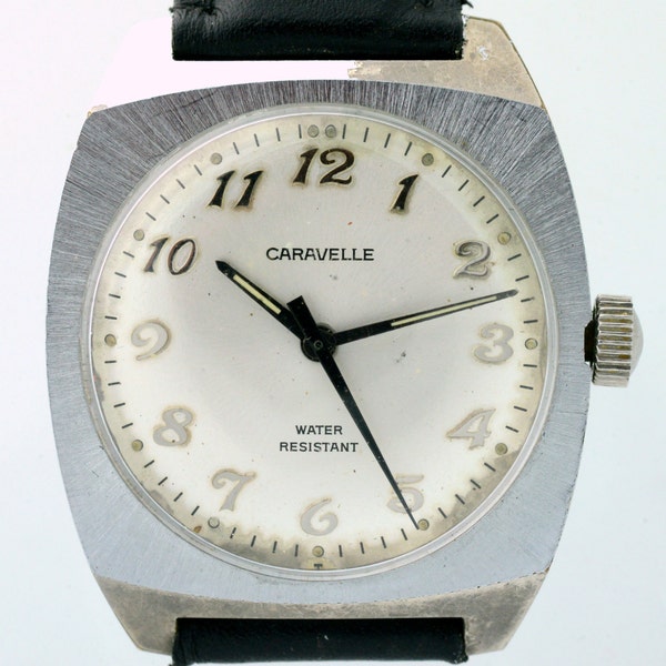 1965 Caravelle 17J Bulova Silver Toned Black Hands Sweep Second Mens Wrist Watch Keeps Time NOS Crystal New Band