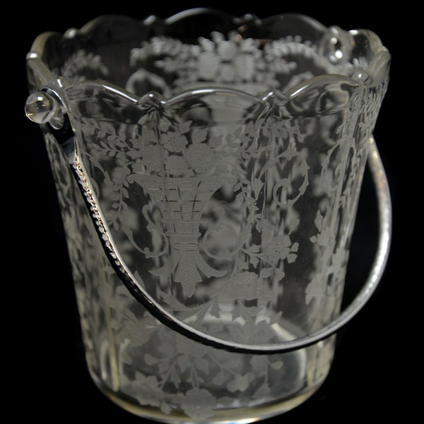 Vintage 1930s Cambridge Portia Etched Ice Bucket with Original Silverplate Handle Floral Design