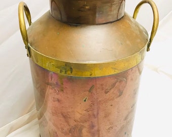 Vintage Brass & Copper Dairy Cream Can Ring Handles with Lid 15"
