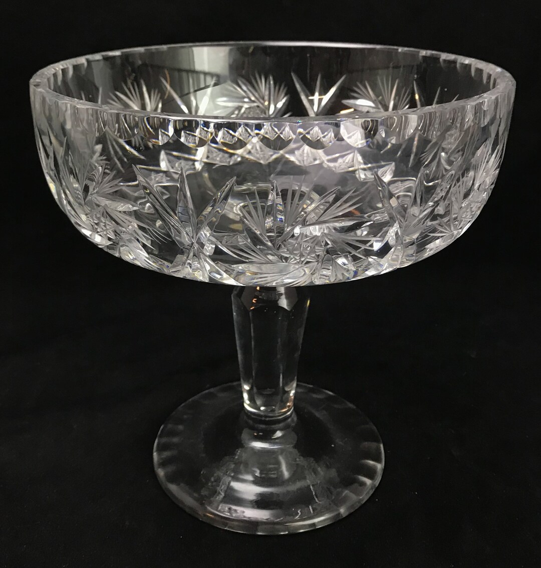 Vintage Lead Crystal Compote Hand Cut Hobstar Russian Star Faceted Base