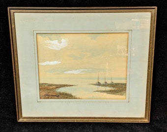 Aquarelle encadrée N. Vandervelp Inlet Boats | Océan ou Grands Lacs | vintage Originale | Nautique