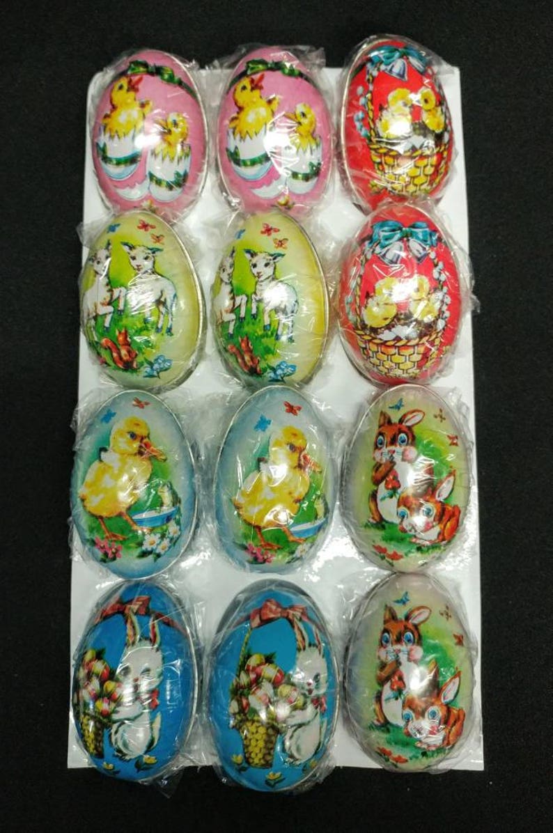 NOS 12 Egg Tins Unopened Imported Decorative Reusable Filled Easter Egg Tins in 24 ct Display Box British Crown Colony of Hong Kong 19550 image 5