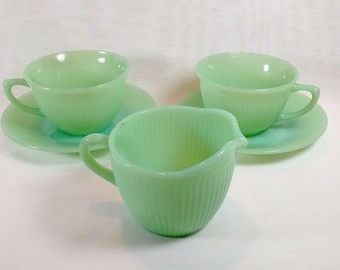 5 Piece Jadeite Fire King Jane Ray Cups Saucers Creamer Anchor Hocking Oven Glass Glassware 18977