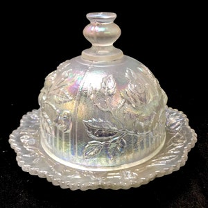 Beurrier dôme en verre irisé Imperial de VTG | Motif floral rose