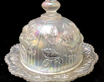 VTG Imperial Iridescent Art Glass Dome Butter Dish | Floral Rose Motif