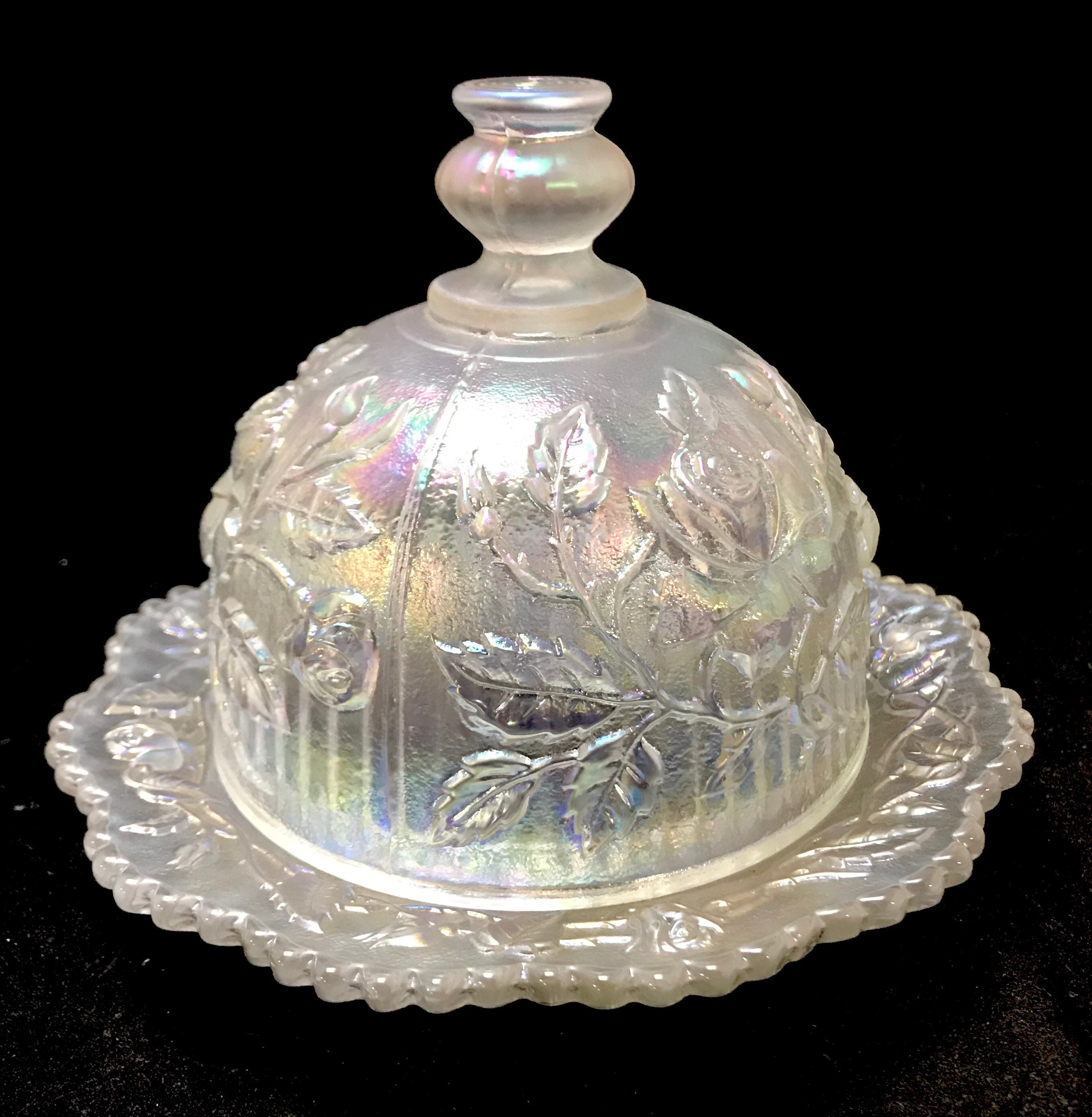 VTG Imperial Iridescent Art Glass Dome Butter Dish | Floral Rose Motif