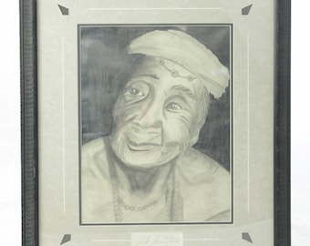 Dessin original au crayon d'une image tibétaine joliment signée et encadrée