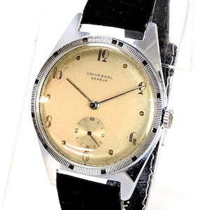 1940s Universal Geneve Herren Oversize Armbanduhr Kaliber 262 Art Deco Ziffern Lauf-Original Zifferblatt Stick Hands 35mm NOS Band