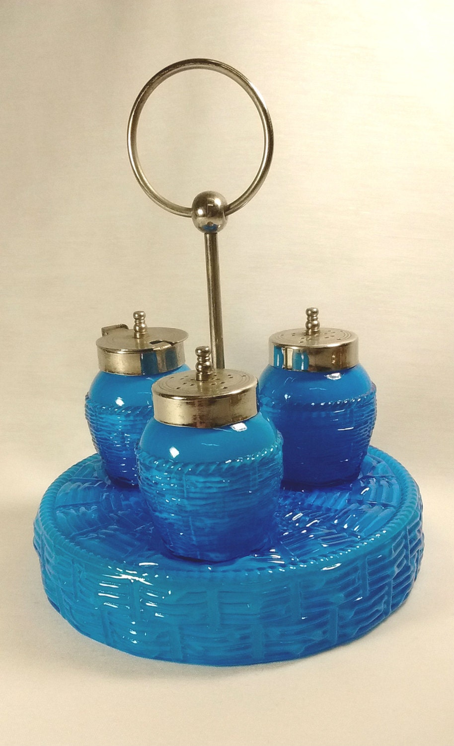 (693箱16)アンティークなCHIPPER 青色ガラスボトル 2点セット Antique Victorian Azure Blue Cased Glass Basket Weave Condiment