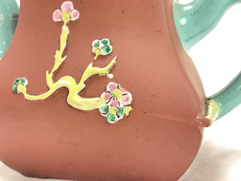 Antique Chinese Zisha Clay Teapot With Lid Raised Enamel Prunus Tree and Branches Impressed Mark Robins Egg Blue Spout and Handle Ref 20558