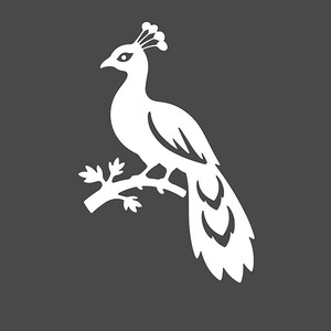 May include: A white peacock silhouette perched on a branch against a dark gray background. The bird has a detailed crest and a long, flowing tail. The design is simple and elegant, suitable for various applications.
