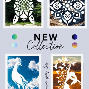 Può includere: Un collage con quattro immagini incorniciate con disegni ritagliati bianchi. Le immagini includono una tartaruga, un mandala, un pavone e una donna con uccelli. È presente anche il testo "NEW Collection" e "Take more pay less".