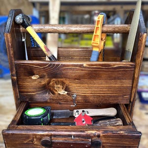 Rustic Wooden Toolbox with Drawer – Walnut Finish | Handmade Keepsake Caddy Gift for Makers