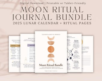 May include: A digital download bundle featuring a moon ritual journal. The cover displays a watercolor illustration of the moon phases. The text reads "Moon Ritual Journal Bundle" and includes journal prompts, a crystal guide, ritual templates, and astrology information.