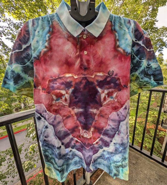 Ice-dyed Tie Dye Gender Neutral/men's Polo Shirt, Large UK