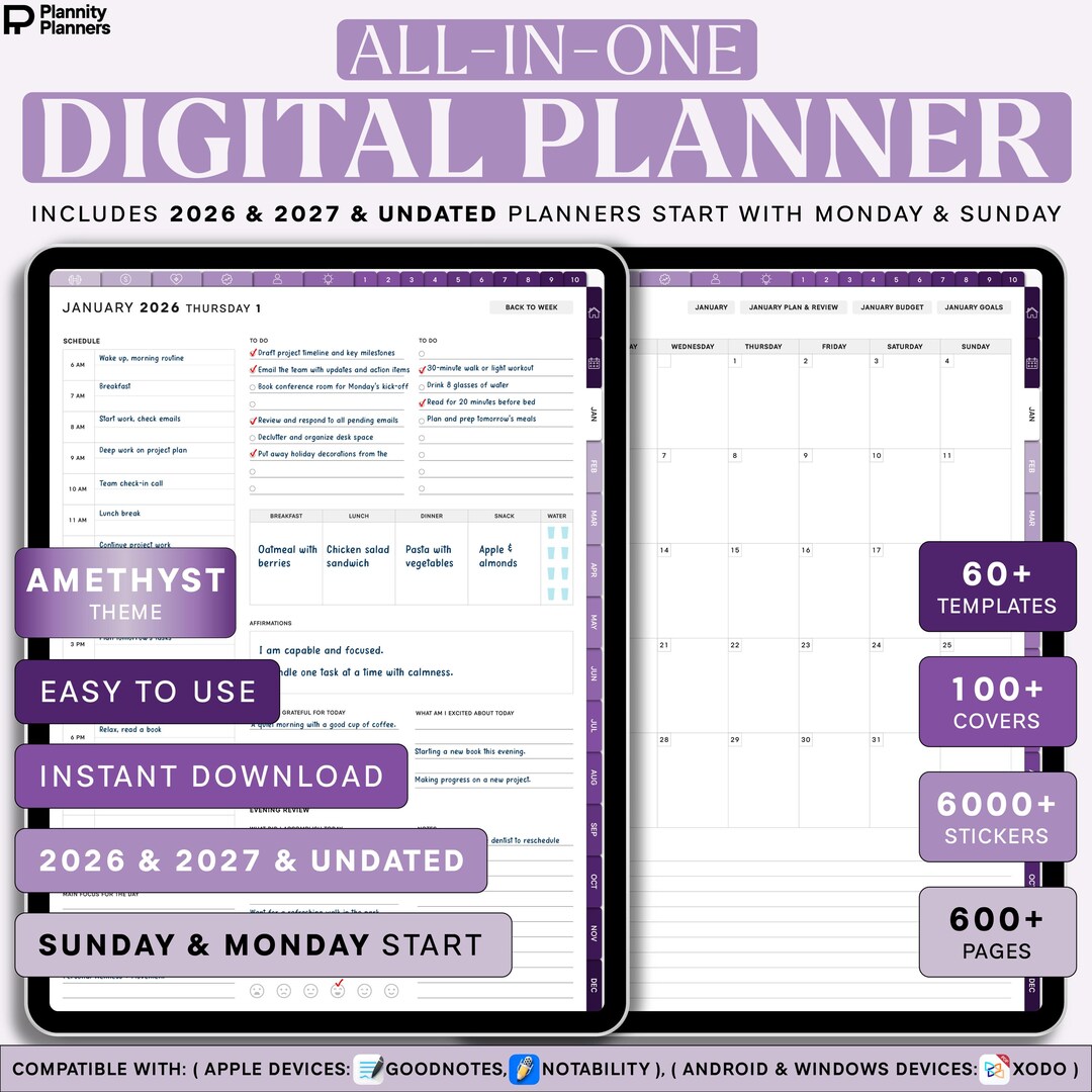 All in One Digital Planner 2026 2027 Undated, Hyperlink Digital Planner ...