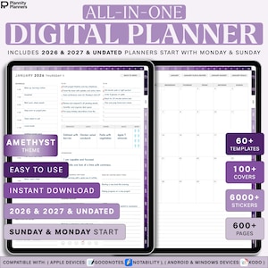 May include: Digital planner on a tablet with an amethyst theme. Includes 2026 & 2027 undated planners, starting with Monday & Sunday. Features 60+ templates, 100+ covers, 6000+ stickers, and 600+ pages. Easy to use and an instant download.
