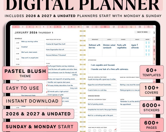 Pastel Blush Digital Planner: 2026-2027 Undated, Weekly, Monthly (PDF)
