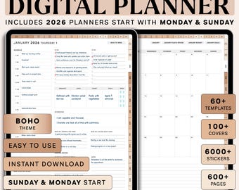 All in One Digital Planner 2026, Hyperlink Digital Planner, Daily Weekly Monthly Yearly Planner, Goodnotes Planner, notability - Boho Themes