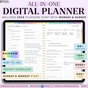 May include: A digital planner on a tablet screen, featuring a rainbow theme and the text "ALL-IN-ONE DIGITAL PLANNER." Includes 2026 planners, 60+ templates, 100+ covers, 6000+ stickers, and 600+ pages. Starts with Sunday & Monday.