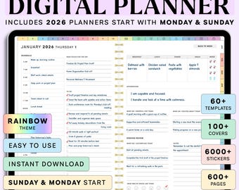 All in One Digital Planner 2026 hyperlinked Planner Digital Journal Digital Goodnotes Template Weekly Daily Planner Notability - Rainbow