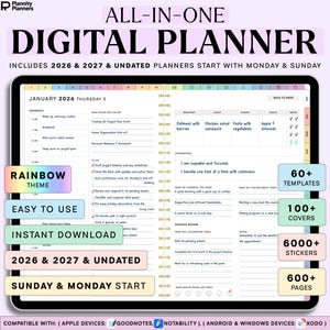 Könnte beinhalten: Digitaler Planer mit Regenbogen-Thema, einschließlich 2026 und 2027 undatierter Planer. Enthält 60+ Vorlagen, 100+ Cover, 6000+ Sticker und 600+ Seiten. Kompatibel mit Apple-, Android- und Windows-Geräten.