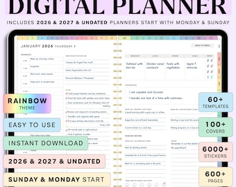 May include: A digital planner with a rainbow theme, including 2026 and 2027 undated planners. Features include 60+ templates, 100+ covers, 6000+ stickers, and 600+ pages. Compatible with Apple, Android, and Windows devices.