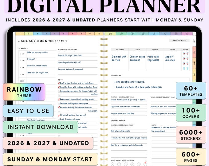 2026 2027 & Undated All in one digital planner, Daily weekly Monthly planner for Goodnotes.