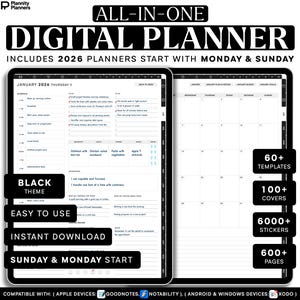 May include: A digital planner with a black theme, including 2026 planners. Features include 60+ templates, 100+ covers, 6000+ stickers, and 600+ pages. Compatible with Apple, Android, and Windows devices. Includes the text "Easy to Use" and "Instant Download".