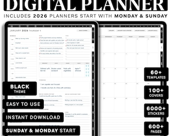 All in One Digital Planner 2026, Hyperlink Digital Planner, Daily Weekly Monthly Yearly Planner, Goodnotes Planner, notability -Black theme