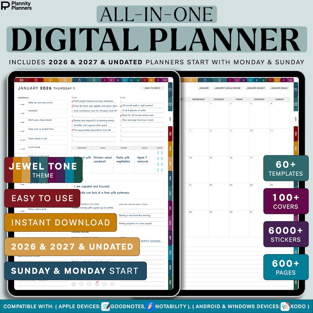 Digital Planner 2026 2027 Undated Hyperlinked Planner All in One ...