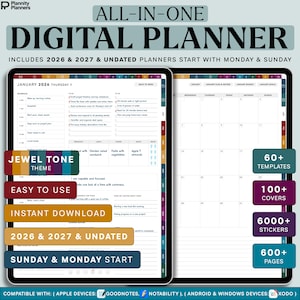 Könnte beinhalten: Ein digitaler Planer auf einem Tablet, mit einem Juwelen-Ton-Thema. Der Planer enthält Vorlagen, Cover, Sticker und Seiten. Kompatibel mit Apple-, Android- und Windows-Geräten. Der Planer beinhaltet die Jahre 2026 und 2027 und beginnt am Sonntag und Montag.