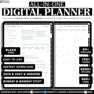 May include: A digital planner with a black theme, featuring a calendar layout and various templates. The planner includes undated and 2026 & 2027 planners, starting with Sunday & Monday. It offers 60+ templates, 100+ covers, 6000+ stickers, and 600+ pages.