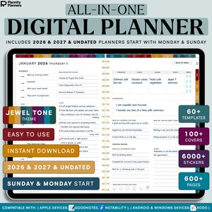 May include: Digital planner with a jewel tone theme, including 2026 and 2027 undated planners. Features include 60+ templates, 100+ covers, 6000+ stickers, and 600+ pages. Compatible with Apple, Android, and Windows devices. Instant download.