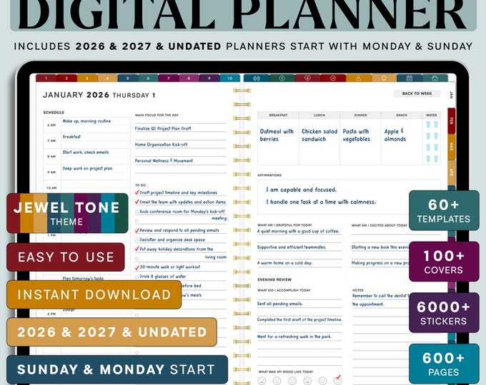 Jewel Tone Digital Planner: 2026-2027 Undated, Weekly, Monthly (Digital Download)