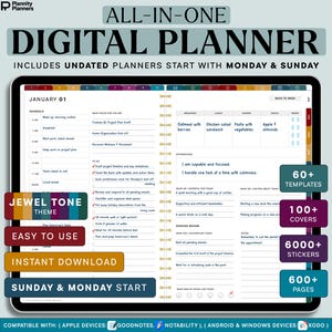 May include: Digital planner with a jewel tone theme, undated and starting on Monday & Sunday. The planner includes 60+ templates, 100 covers, 6000+ stickers, and 600+ pages. Compatible with Apple, Android, and Windows devices.