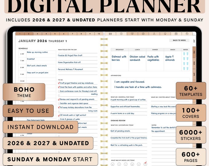 Boho Digital Planner: 2026-2027 Undated, Goodnotes Planner (PDF)