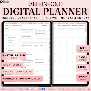 May include: Digital planner with a pastel blush theme, featuring a 2026 calendar starting on Monday and Sunday. Includes 60+ templates, 100+ covers, 6000+ stickers, and 600+ pages. Easy to use and an instant download.