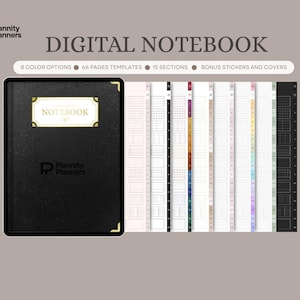 May include: A digital notebook with the text "DIGITAL NOTEBOOK" at the top. The notebook is black with gold accents and the word "NOTEBOOK" on the cover. The image also shows different page templates and the text "8 COLOR OPTIONS 66 PAGES TEMPLATES 15 SECTIONS BONUS STICKERS AND COVERS".