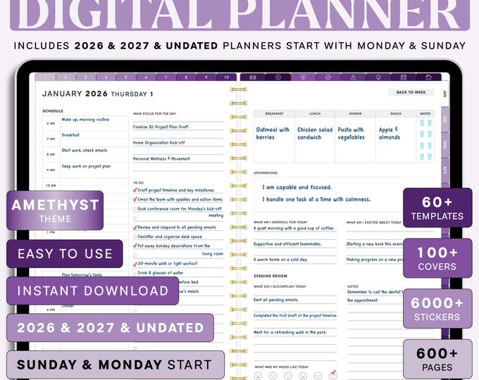 2026-2027 Digital Planner: Amethyst Theme, Daily, Weekly, Monthly (PDF)